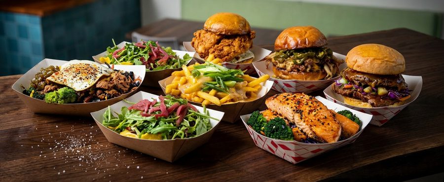 UpperCut full menu spread — sliders, tacos, bowls, fries and salads at the Forest Hill restaurant