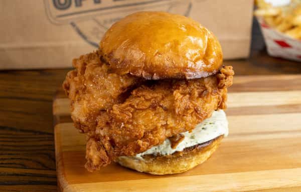 UpperCut spicy fried chicken sandwich on brioche bun — San Francisco food truck